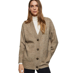 High Quality <b>Beige</b> Women Oversized <b>Cardigan</b> Soft Knit Wool Blend Ribbed Hem Drop Shoulder Button Front Logo High Street Style - Product Image 1