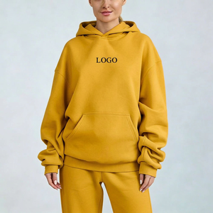 Wholesale Womens Ribbed Cuff Cotton Fleece <b>Hoodie</b> Boxy Fit Drop Shoulder with custom labels for US brands - Product Image 6