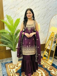 NOIIR PIGEON Ensemble de costume palazzo brodé 3 pièces en viscose pure chinon de qualité supérieure pour femme avec dupatta en dentelle |   Séchage rapide, sans plis - Product Image 2