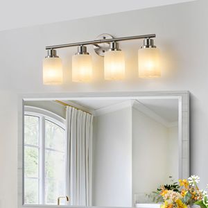 24\" Modern 4-<b>Light</b> Vanity Wall <b>Sconce</b> Brushed Nickel Finish Frosted Glass Shades for Bathroom Hallway Lighting No Bulb Required - Product Image 4