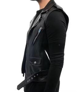 Unisex <b>Black</b> Genuine Leather Moto <b>Vest</b> Stand Collar Zipper Closure Slim Fit Solid Color Quick Dry Front Logo Autumn Style - Product Image 2