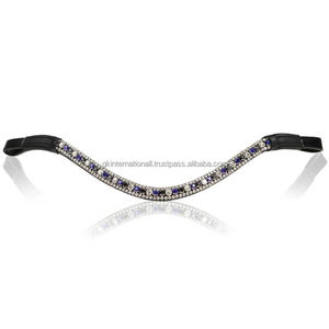 Prix direct usine – Magnifique frontale en cuir noir incurvée à cinq rangées pour cheval, personnalisée avec cristaux bleus et blancs transparents - Product Image 4