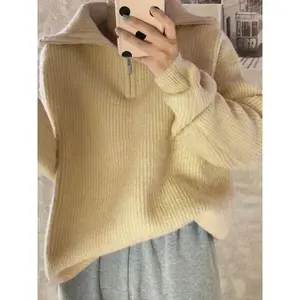 Femmes décontracté col roulé tricoté à manches longues pull avec fermetures à glissière solide vert bleu jaune hiver 2024 mode tailles L - Product Image 1
