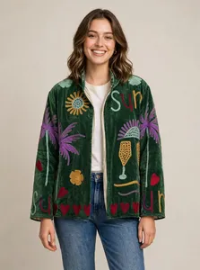 Veste en velours vert brodée Suzani pour femme, faite à la main, motif tropical soleil palmier cœur, style bohème ethnique, vente en gros - Product Image 5