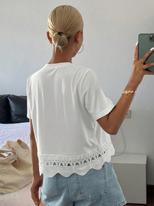 Y2K Fashion women's shirt Lace Hem Minimalist Knitted Cotton Top Chenille Embroidery Casual Tee Custom Logo Spring Summer Tshirt - Product Image 5