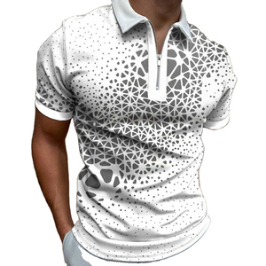 Men's <b>White</b> Geometric Print <b>Polo</b> Shirt Short Sleeve Zipper Collar Breathable Sporty Style 100% Polyester Knitted Fabric - Product Image 1