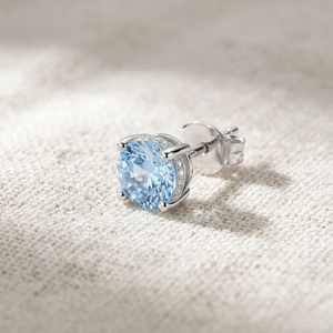 Boucles d'oreilles clous rondes bleues en diamant, sertissage griffe halo, pour mariage, fête, cadeau - Product Image 2