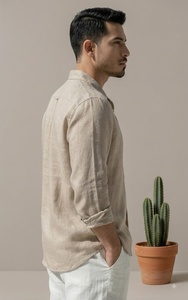 <b>Men</b> Beige Cotton Poplin Full Sleeve <b>Shirt</b> Turn-down Collar Casual Breathable Summer Wear Solid Color Woven Fabric - Product Image 1