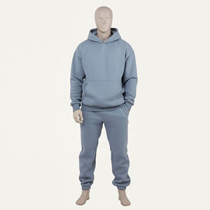 Survêtement unisexe bleu clair à capuche, couleur unie, 100% coton, sweat-shirt décontracté long avec poches latérales, taille élastique - Product Image 6