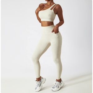 Women's <b>Blue</b> 2 Piece Seamless Yoga Set One Shoulder Sports <b>Bra</b> High Waist Full Length Leggings Stretch Activewear - Product Image 3