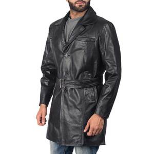 <b>Men's</b> Premium <b>Black</b> Genuine Sheephide Leather Breathable Winter <b>Trench</b> <b>Coat</b> with Belt - Product Image 2
