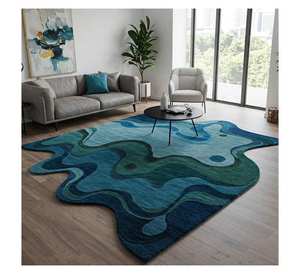 Alfombra Decorativa Abstracta con Diseño de Olas Oceánicas, Forma Irregular, Alfombra de Pelo Largo Hecha a Mano con Diseño de Mareas Tranquilas, Alfombra Decorativa Única con Forma de Amoeba - Product Image 2