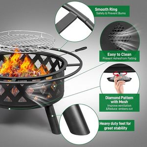 Freestanding Steel Fire Pit with Cooking Grate <b>Wood</b> <b>Burning</b> <b>BBQ</b> Outdoor Fireplace Powder Coated Black - Product Image 4