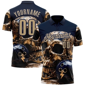 Wholesale Direct industry Best Selling Custom Navy Vegas Gold 3D Metal Skull <b>Bowling</b> Performance Polo Shirt - Product Image 1