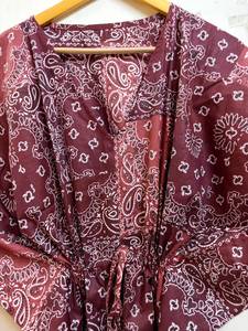 Women Brown Floral Print Cotton Maxi <b>Kaftan</b> Dress | Casual V-neck Batwing Sleeves Eco-Friendly <b>Beach</b> Cover-Up Resort Wear Free - Product Image 4