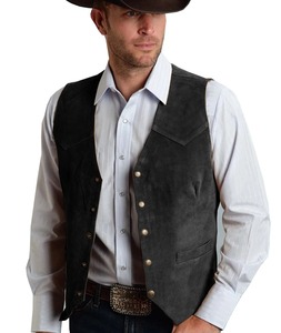 Chaleco de Negocios para Hombre, de Gamuza Dorada, Cuero y Lona Impermeable, Estilo Vintage Vaquero Occidental, Corte Regular y Ajustado - Product Image 1