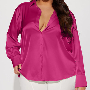 Blusa Elegante de Verano para Mujer, Satén, Manga Larga, Cuello Camisero, Color Sólido, Corte Holgado, Color Fucsia - Product Image 1