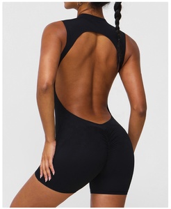 2026 Backless Racerback Yoga Bodysuit High Waist Shorts Solid Black Seamless Four-Way Stretch Scoop Neck Sleeveless - Product Image 4