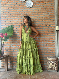 Wholesale Womens Tiered Ruffle Maxi Dress Olive Green Cotton Gauze Eco-Friendly Vintage Customizable Backless Boho Summer Dress - Product Image 5