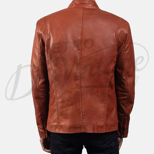 Chaqueta de cuero premium color camel para hombre, estilo racer, piel de oveja auténtica, corte ajustado, cuello alto, con cremallera, estilo motociclista. - Product Image 2