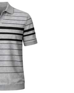 เสื้อโปโลชายลายทางสีเทาและดำ แขนสั้น ชายเสื้อแบบริบ ทรงเข้ารูป สไตล์ลำลอง ผลิตจากผ้าฝ้ายผสม รับผลิตตามแบบ OEM - Product Image 2