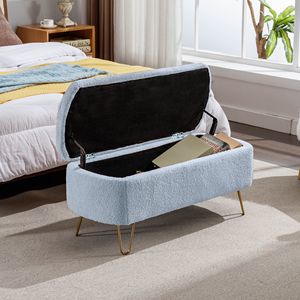 Modern Grey Faux Fur Entryway Bench Blue <b>Storage</b> Ottoman with Gold Legs for End of Bed Padded and Upholstered <b>Stool</b> & Ottoman - Product Image 6