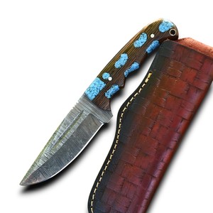 มีดเหล็กดามัสกัสคุณภาพสูง ใบมีดแบบดรอปพอยต์ ด้ามจับไมคาร์ต้า G10 เกรดอุตสาหกรรม สำหรับงานตัดหนัง ตั้งแคมป์ ล่าสัตว์ และกิจกรรมกลางแจ้ง รับผลิตแบบ OEM - Product Image 1