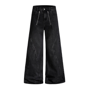 Customization Men's Vintage American Style Vintage Mid Waist High Street Wash Denim Wide Leg Pants Men's Zipper <b>Decorative</b> Loose - Product Image 1
