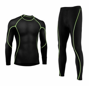 Men Compression Eco-Friendly Spandex/Polyester Workout Set <b>Black</b> <b>Long</b> <b>Sleeve</b> Crew Neck Quick Dry Breathable Sweat Wicking - Product Image 1