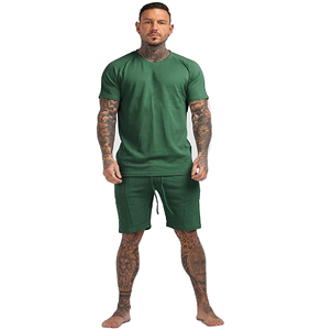 Combinaison de sport 2 pièces en coton respirante avec impression de logo personnalisé pour hommes t-shirt décontracté à manches courtes short en polaire solide écologique - Product Image 2