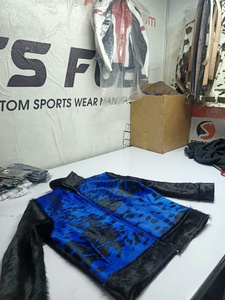 Blue Printed Fur <b>Women's</b> Stand Collar Zipper Waterproof Streetwear Bomber <b>Jacket</b> Men's Cowhide Leather Black <b>White</b> - Product Image 6