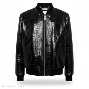 Chaqueta Bomber Negra para Hombre con Estampado de Cocodrilo, Cuello Alto, Cierre Frontal con Cremallera, Estilo Motero, para Otoño/Invierno - Product Image 2