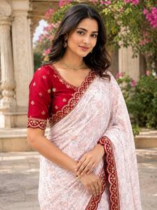 Conjunto de Saree Floral de Georgette, Ropa Étnica India para Bodas y Fiestas, Largo Regular, Corte Regular, Hecho en India, Disponible - Product Image 1