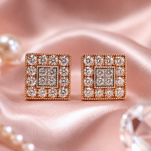 Classic 14K <b>Rose</b> <b>Gold</b> Natural Square Diamond Cluster <b>Stud</b> <b>Earrings</b> Framed Geometric Design Fine Women Bridal Wedding Gift - Product Image 3