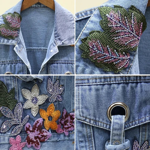 Veste en jean délavé pour femme, manches longues, col rabattu, broderie florale, coupe courte, vêtement d'extérieur décontracté pour le printemps - Product Image 5