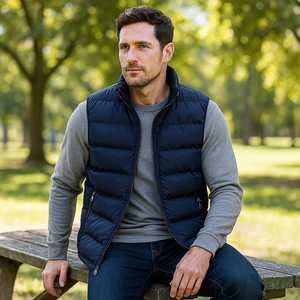 Chaleco Acolchado Azul Marino para Hombre, Cuello Alto, Cierre de Cremallera, Cortavientos, Ropa de Invierno Informal, Color Sólido, Corte Regular - Product Image 5