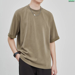 เสื้อยืดโอเวอร์ไซส์ผู้ชาย ผ้าฝ้าย ทรงหลวม ไหล่ตก สไตล์ลำลอง เรียบง่าย แขนครึ่งตัว เสื้อสตรีทแวร์ - Product Image 5