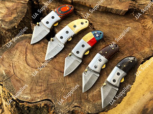 Cuchillo de Camping Plegable Profesional de Acero de Damasco, Hoja Afilada Tipo Drop Point, Miniatura de Bolsillo, Mango de Cuerno de Toro, Funda de Cuero - Product Image 5