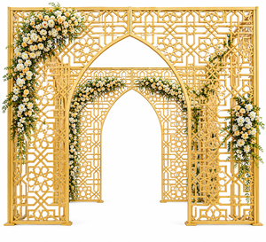 Mandap de style arabe finition or pour mariages en destination, mandap à thème extérieur, mandap exclusif découpé au laser pour mariage en resort au Royaume-Uni - Product Image 2