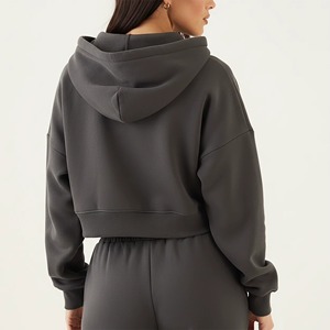 Sudadera Corta con Capucha y Cierre para Mujer, Color Sólido, Material de Felpa, Logotipo Frontal, Ropa Casual de Calle, para Otoño - Product Image 3