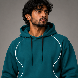 Men's Teal Pullover Hoodie with White Contrast Piping Drawstring Hood and Jogger <b>Pants</b> for Relaxed Fit for Casual Streetwear - Product Image 3