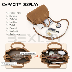 Camel Brown Dome <b>Satchel</b> <b>Bag</b> with Rounded Top Handle Buckle Accent Adjustable Crossbody Strap Modern Structured Handbag - Product Image 4