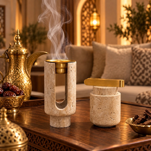Ensemble de brûleurs à bakhoor en marbre travertin |   Porte-encens en acier inoxydable pour Oud Arabe, Décoration de Luxe Islamique pour Maison, Hôtel, Majlis, Cadeau - Product Image 3