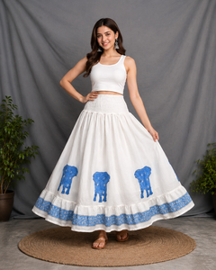 Jupe longue en coton imprimée à la main de Jaipur, taille smockée, volants, style bohème décontracté, imprimé éléphant, vente en gros - Product Image 2