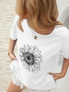 Women's White Cotton T-Shirt With <strong>Sunflower</strong> Print Loose Fit O-Neck Short Sleeve Casual Summer <strong>Top</strong> - Product Image 3