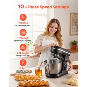 Batteur sur socle inclinable 5QT en acier inoxydable avec 10+ vitesses, crochet pétrisseur et fouet mélangeur pour cuisine - Product Image 4
