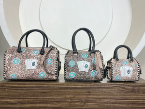 Sac de Poker Ace Speedy en cuir véritable usiné à la main sac polochon en cuir de vachette gravé floral occidental sac à bandoulière Vintage Turquoise - Product Image 4