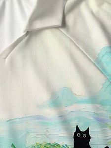 Unisex Short Sleeve Shirt Full Print Black Cat In Green Field Summer Breathable <b>Polyester</b> Turn-down Collar Regular Fit - Product Image 3