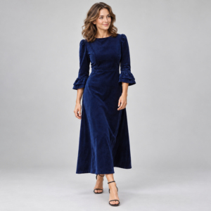 Vestido midi azul marino con corte en A y mangas con volantes de tres cuartos para mujer - Product Image 4