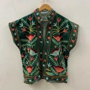 Green Velvet Suzani Embroidered Vest with Belt Festival Outfit Artisan Embroidery Bohemian Vest <b>Short</b> Sleeveless <b>Jacket</b> - Product Image 4